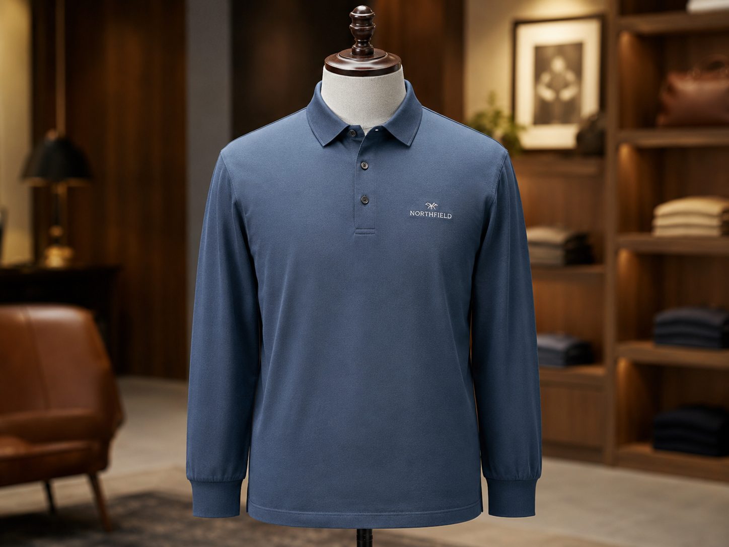 Embroidered long-sleeve polo shirt for outdoor field service crew