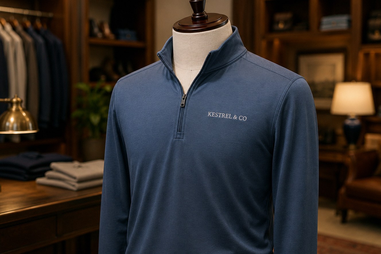 Quarter-zip polo shirts with an embroidered Kestrel & Co logo